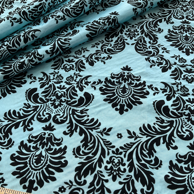 Flocked Damask Taffetta Aqua Blue/Black | Very Lightweight Taffeta Fabric | Home Decor Fabric | 58" Wide