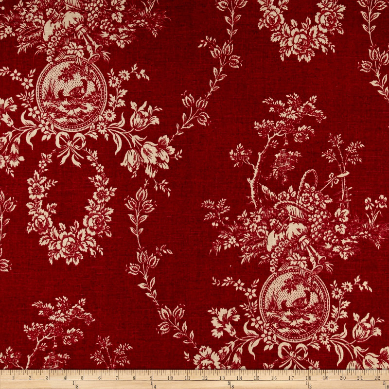 Waverly Country House Toile Red Linen | Medium Weight Linen Fabric | Home Decor Fabric | 54" Wide