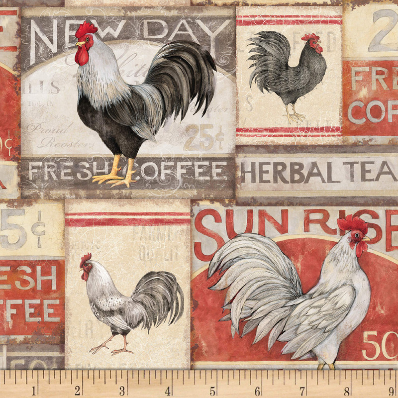 Susan Winget Farmhouse Rooster Rooster Patch Poplin Cream | Lightweight Poplin Fabric | Home Decor Fabric | 60" Wide