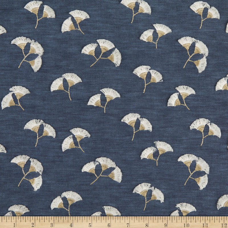 PKL Studio Whispering Leaf Embroidery Woven Denim | Heavyweight Woven Fabric | Home Decor Fabric | 54" Wide