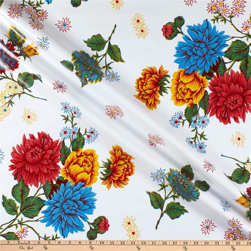 Oilcloth Mums White | Heavyweight Oilcloth Fabric | Home Decor Fabric | 47" Wide