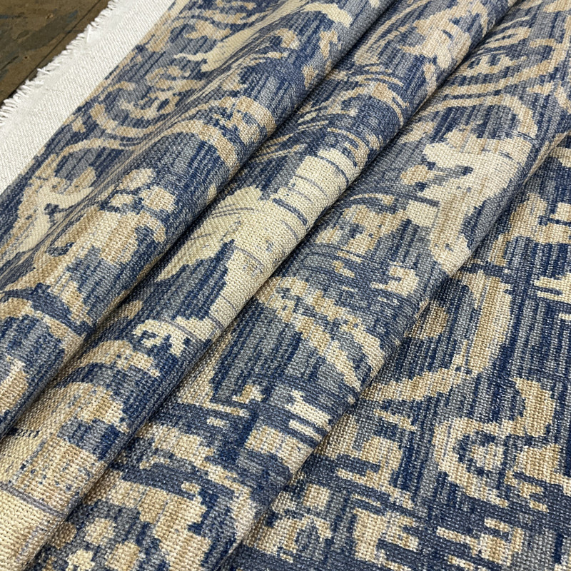 Blue Damask Wildlife | Bunnies, Birds | 54" Wide | Woven Basket Weave | Medium/Heavyweight Upholstery Fabric