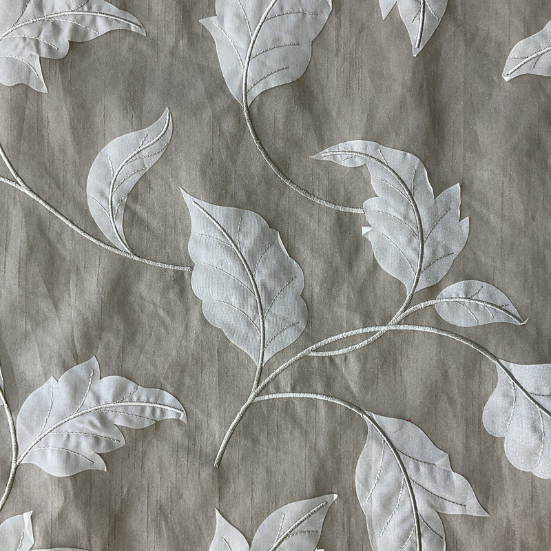 Whisper in Pebble | Drapery Fabric | Embroidered Leaves in Taupe / Off White | Sateen | Lightweight | 54" Wide | By the Yard