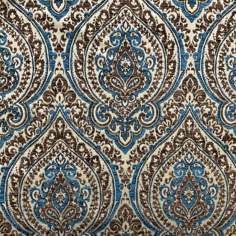 Foil in Turquoise | Upholstery Fabric | Large Scale Damask in Blue / Brown | Heavyweight | 54" Wide | By the Yard