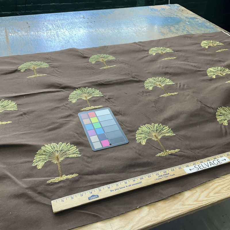 Palm Tree in Green  / Brown | Upholstery Fabric | Embroidered | Medium Weight | 54" Wide | By the Yard