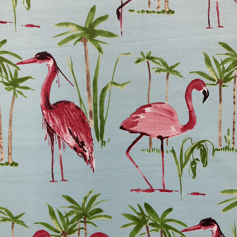 Flamingo in Aqua Sky | OUTDOOR Home Decor Fabric | Blue / Green / Pink | Berkshire Home | Medium Weight | 54" Wide | By the Yard