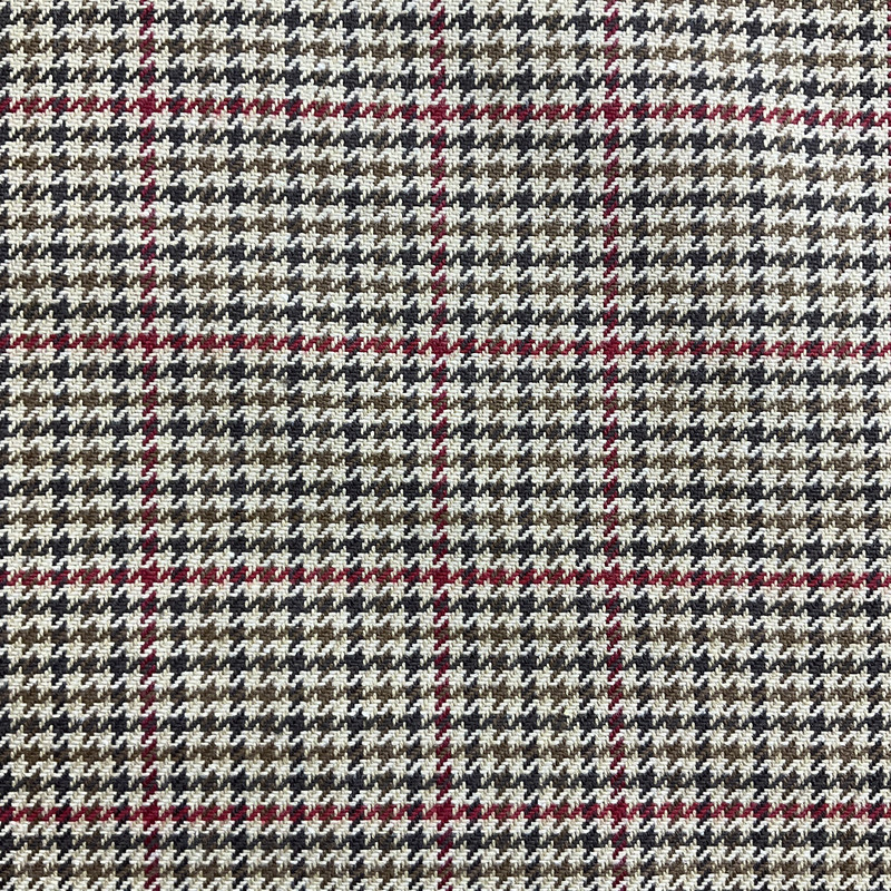 Dupree in Cranberry | Upholstery Fabric | Houndstooth Plaid in Brown, Tan with Red  | Medium Weight | Cotton Blend  | Marlatex | 54" Wide | BTY