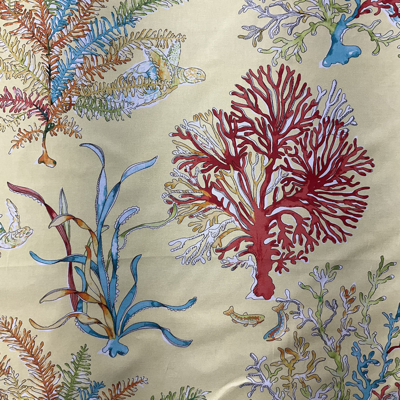 Coral and Seaweed in Yellow / Blue / Orange | Home Decor Fabric | Nautical | Vilber | Medium Weight | 100% Cotton | 54" Wide | By the Yard
