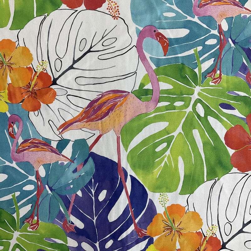Flamingos in Purple   |  Tripoical Leaves with Flamingos in Purple, Aqua Green and Pink Printed Duck Home Decor Fabric | Drapery | Vilber | 100% Cotton | 54" Wide | Sold BTY