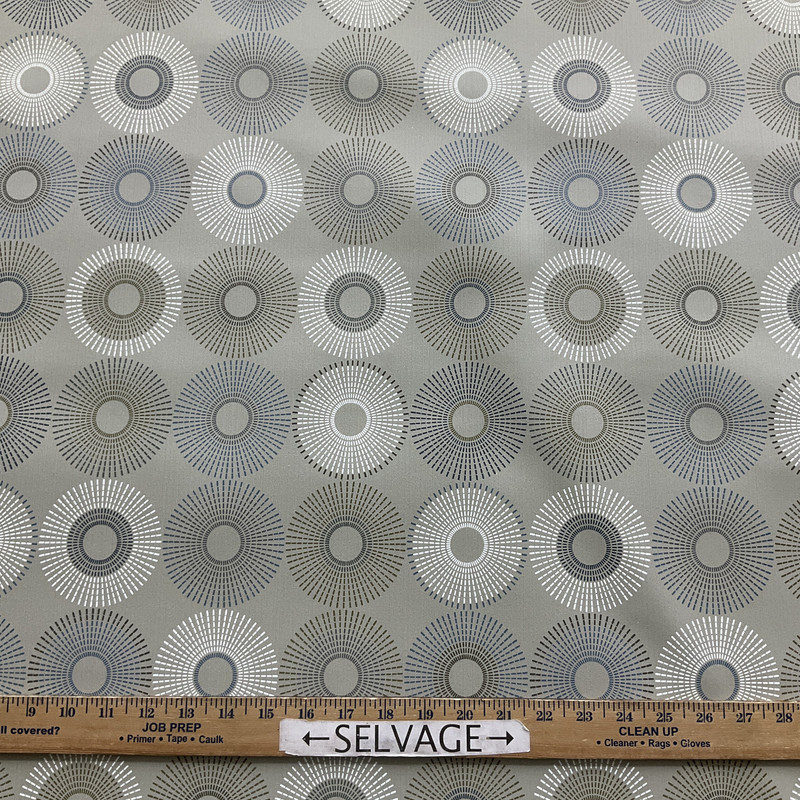 Lumi in Sand | Vinyl Upholstery Fabric | Mid Century Modern Circles | Sand / White / Blue | 54" Wide | By the Yard