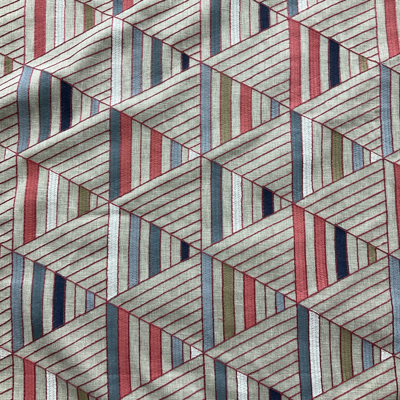 Flagship in American | Embroidered Home Decor Fabric | Geometric Red / Grey / Oatmeal | Waverly | 54" Wide | Sold By the Yard