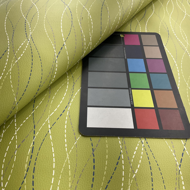 Tranquil in Lemon  | Citrus Green Wavy Line Geometric Print Faux Leather Contract Upholstery Vinyl Fabric  |  High Performance | Knit back |  Heavyweight | 54 Inch WIde | Sold BTY