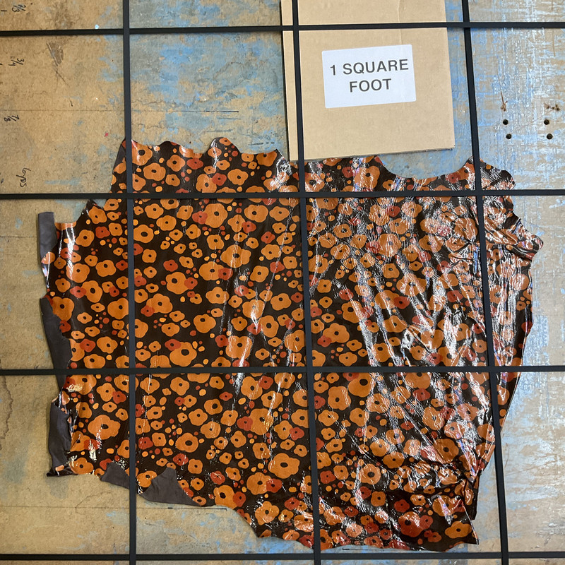 Retro Floral Print Dark Brown / Orange Patent Lambskin Leather Hide | 5 Square Feet | 1.5 Ounce / 0.7 mm