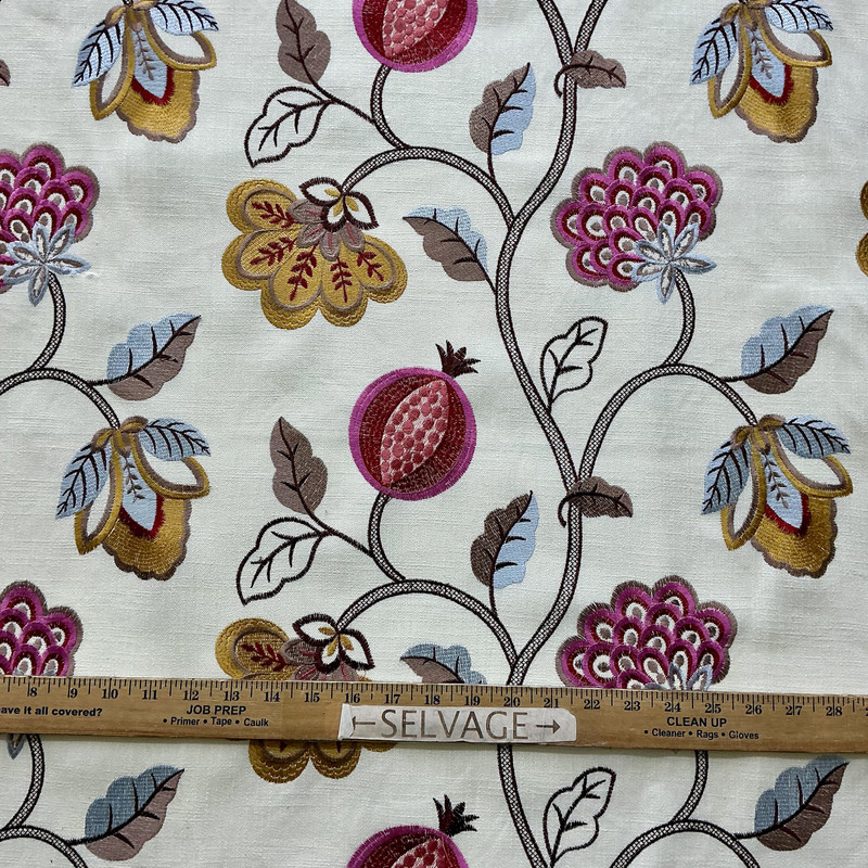 Starlight in Beige | Embroidered Drapery Fabric | Floral Pomegranate Design in Pink, Gold, Brown, Beige | Europatex | 57" Wide | By the Yard
