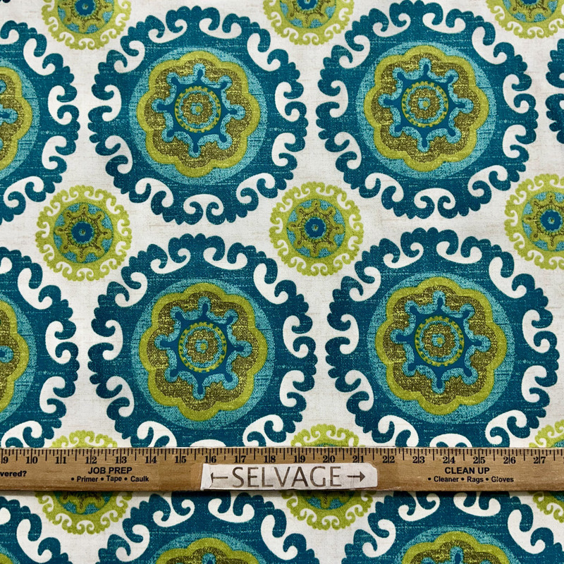 Sundial in Greenflower | Outdoor Waterproof Upholstery Fabric | Medallions in Green, Blue, Off White | Europatex | 60" Wide | By the Yard