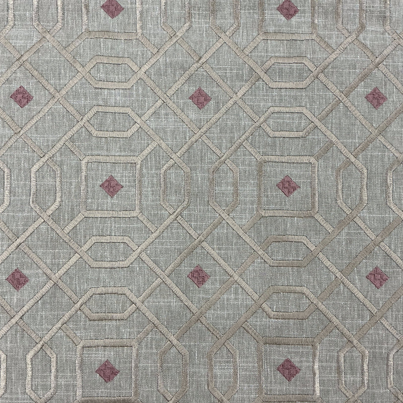Playmaker in Thistle | Embroidered Upholstery / Drapery Fabric | Lattice Design in Taupe / Rose | Swavelle | 54" Wide | By the Yard