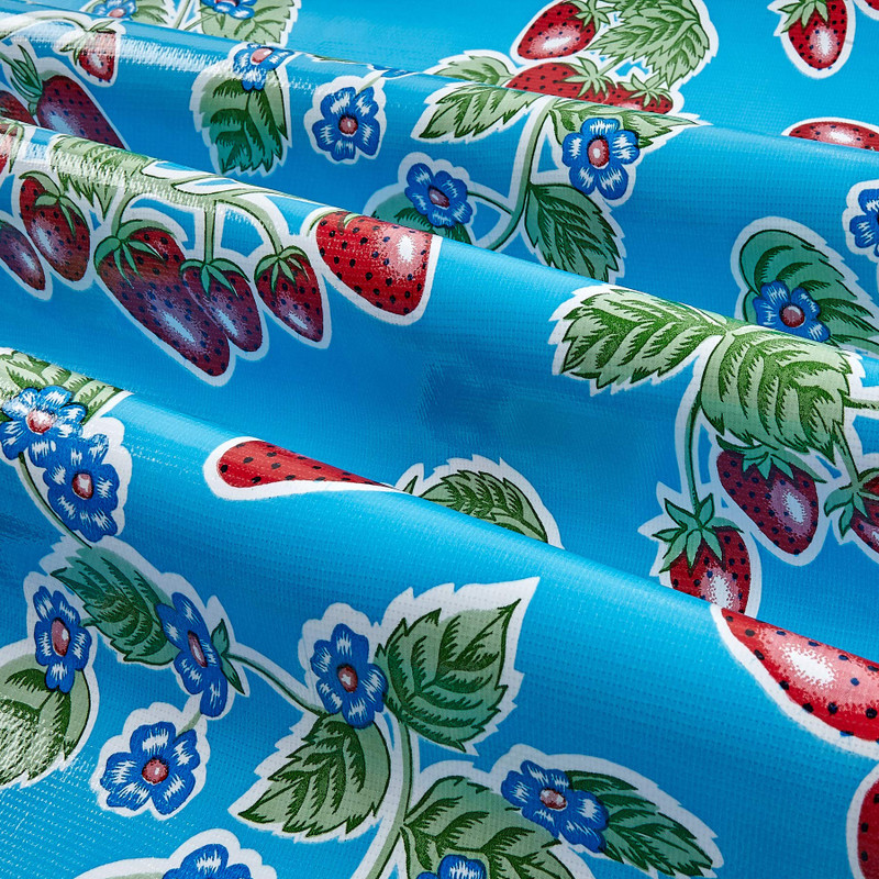 1 Yard Piece of Oilcloth Strawberries Blue | Heavyweight Oilcloth Fabric | Home Decor Fabric | 47" Wide