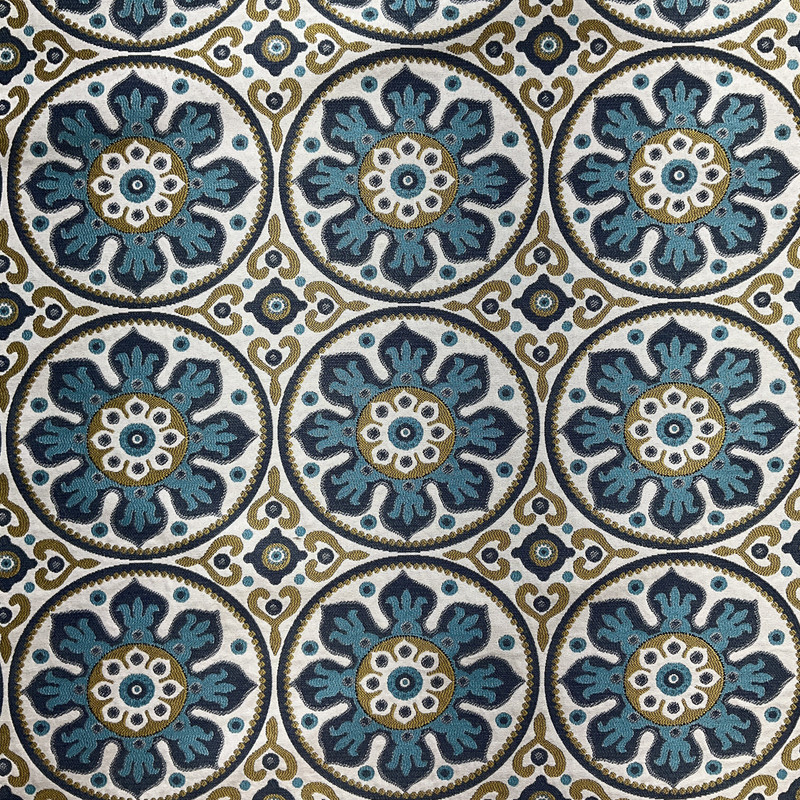 1 Yard Piece of Petra in Capri | Upholstery Fabric | Medallion in Turquoise / Navy / Gold / White | 100% Polyester  |  Heavy weight |  54" Wide | Sold BTY