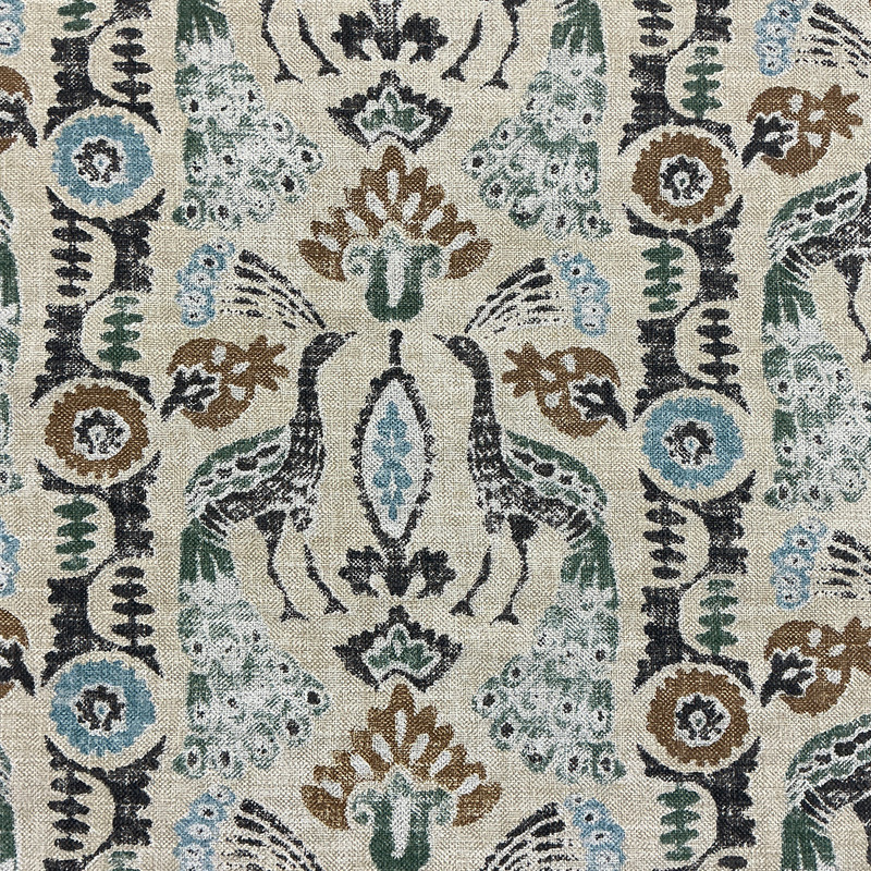 Peacock Parade Slub Duck in Espresso | Home Decor Fabric | Stamped Design in Brown / Blue / Green / Grey | PKL Studio | 54" Wide | By the Yard
