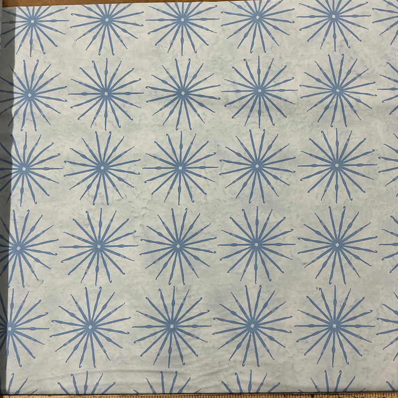Crochet Hooks in Pale Blue | Banyan Batiks | Quilting Fabric | 44" Wide | 100% Cotton | Crochet Hook Starburst | Light Blue