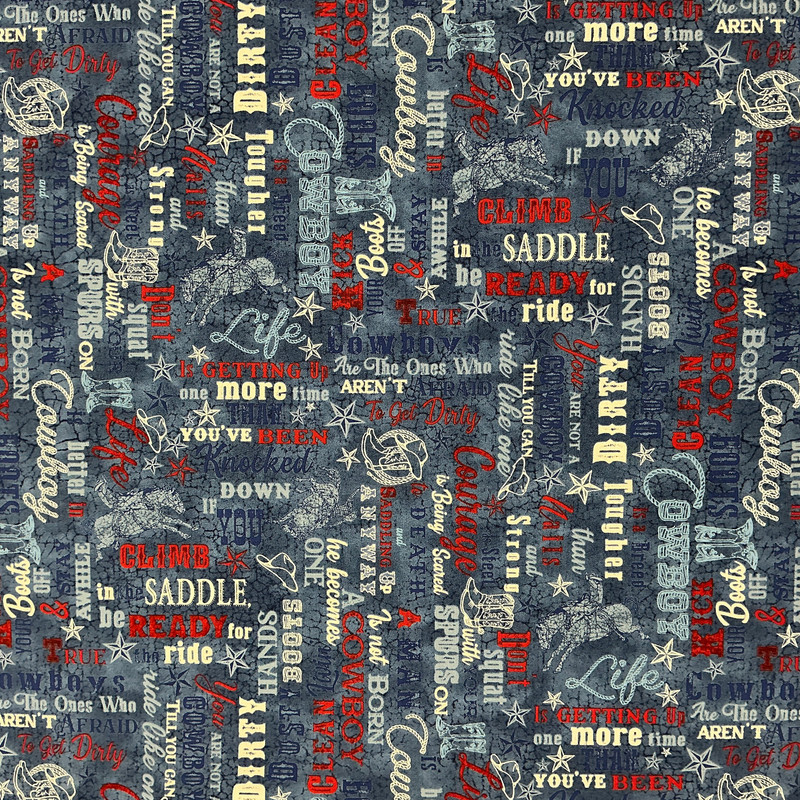 Cowboy Blues Words in Blue Multi | Northcott | Quilting Fabric | 44" Wide | 100% Cotton | Stars / Lasso / Horse / Text | Blue / Red