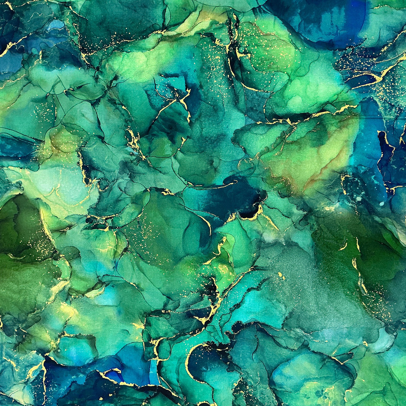 Midas in Shamrock | Northcott | Quilting Fabric | 44" Wide | 100% Cotton | Abstract Marbling | Metallic Gold / Green / Blue / Teal