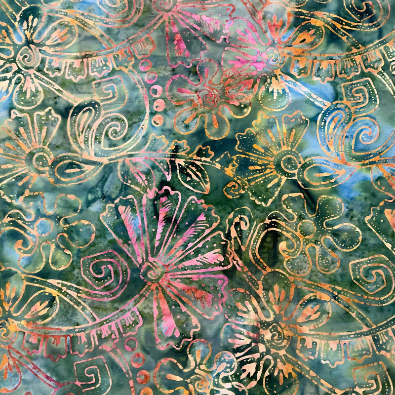 Boho Spirit Floral in Juniper | Banyan Batiks | Quilting Fabric | 44" Wide | 100% Cotton | Floral | Green / Blue / Gold / Pink