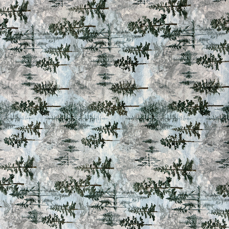 Stonehenge Eagle Pass Open Trees in Blue Multi | Northcott | Quilting Fabric | 44" Wide | 100% Cotton | Trees / Mountain | Blue / Green / Light Grey / Brown