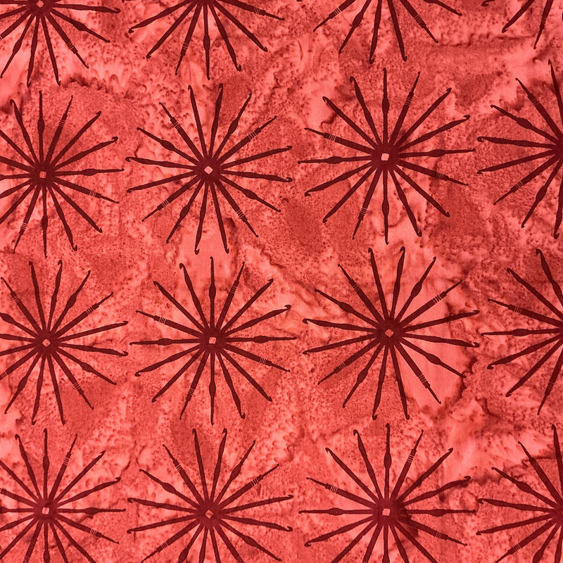 Crochet Hooks in Brick | Banyan Batiks | Quilting Fabric | 44" Wide | 100% Cotton | Crochet Hook Starburst | Dark Red