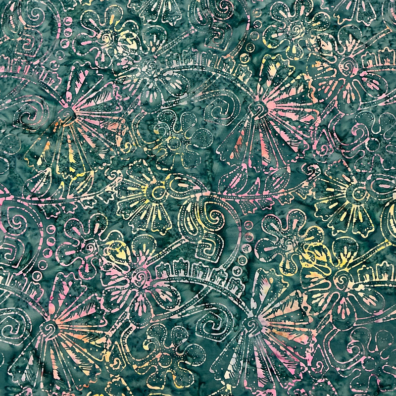 Boho Spirit Floral in Turquoise | Banyan Batiks | Quilting Fabric | 44" Wide | 100% Cotton | Floral | Dark Teal Blue / Pink / Yellow
