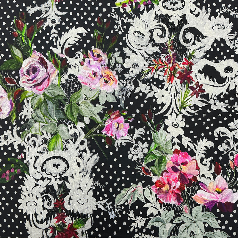 French Revolution Dentelle in Black | Northcott | Quilting Fabric | 44" Wide | 100% Cotton | Large Scale Floral | Black / Green / Pink / Purple / Red