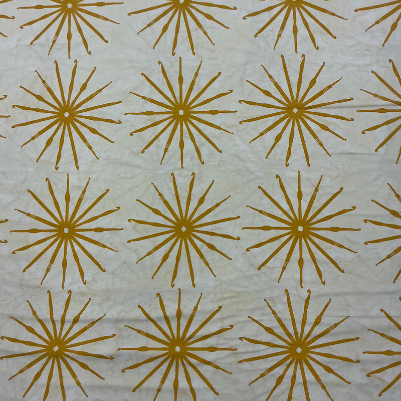 Crochet Hooks in Pale Yellow | Banyan Batiks | Quilting Fabric | 44" Wide | 100% Cotton | Crochet Hook Starburst | Apricot / Gold