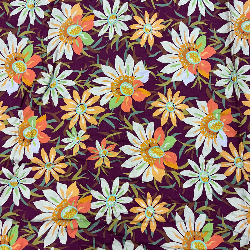 Trade Winds Treasure Flower Burgundy | Figo Fabrics | Apparel Fabric / Blouse / Skirt | 52" Wide | 100% Rayon | Floral | Burgundy / Orange / Green