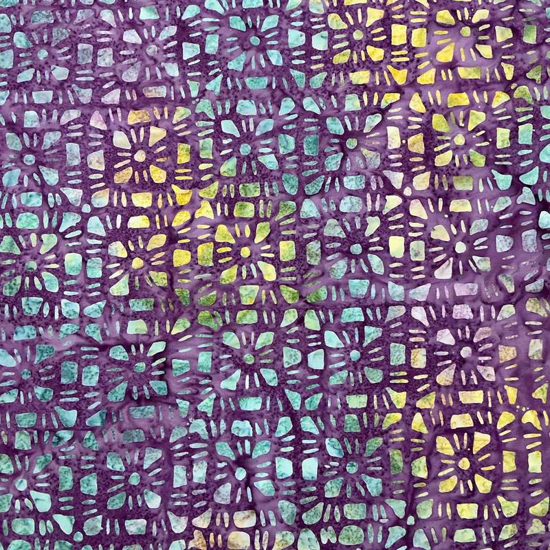 Crochet Granny Square in Purple Multi | Banyan Batiks | Quilting Fabric | 44" Wide | 100% Cotton | Geometric | Purple / Green / Yellow / Blue