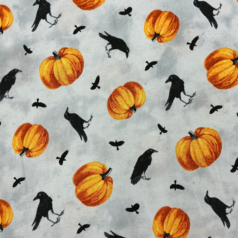 Spellbound Crows-Pumpkins in  Gray Multi | Northcott | Quilting Fabric | 44" Wide | 100% Cotton | Halloween | Orange / Black / Gray