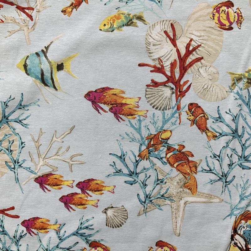 2.25 Yard Piece of Nautical Fish in Blue / Orange / Grey  | Home Decor Fabric | Medium Weight | 100% Cotton | 54" Wide | By the Yard