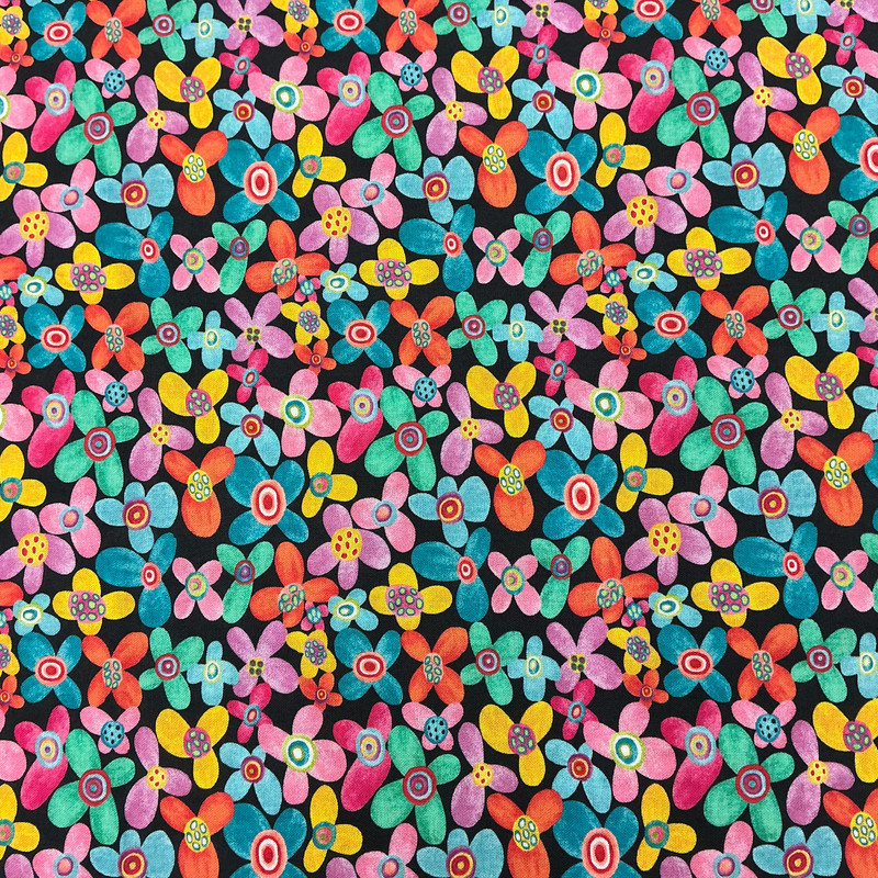 Folkscapes Folk Flowers in Black Multi | Benartex | Quilting Fabric | 44" Wide | 100% Cotton | Floral | Black / Orange / Blue / Green / Pink / Red