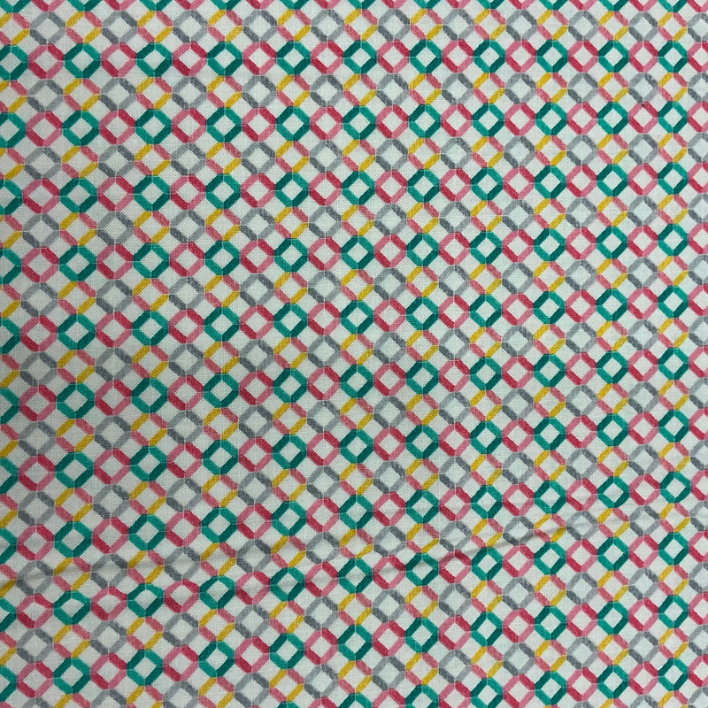 At Home Happy Geo in White Multi | Benartex | Quilting Fabric | 44" Wide | 100% Cotton | Geometric | Pink / Green / Yellow / Grey / White