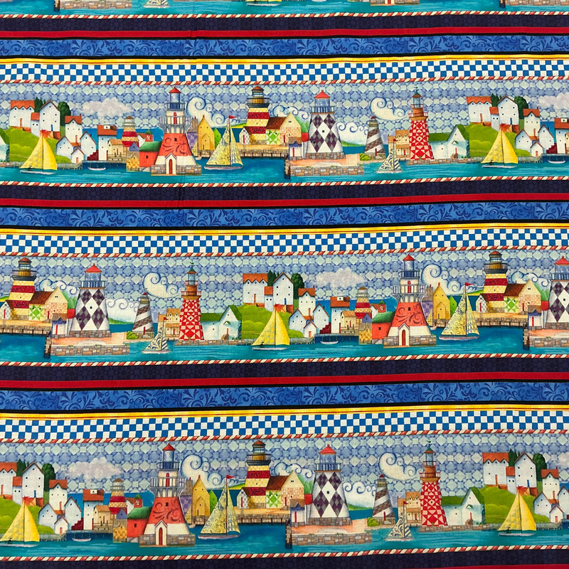 Shorelights Stripe in Multi | Benartex | Quilting Fabric | 44" Wide | 100% Cotton | Lighthouses / Coastal | Blue / Red / Yellow / White / Green