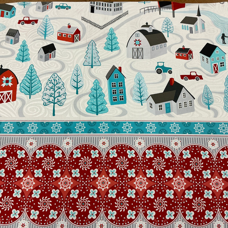 Winter Village Landscape PANEL(23x44) in Aqua | Benartex | Quilting Fabric | 44" Wide | 100% Cotton | Houses / Snowflakes | Blue / Red / Grey / White