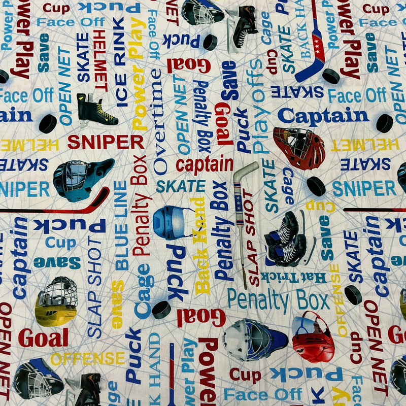 Power Play Hockey Words in White | Benartex | Quilting Fabric | 44" Wide | 100% Cotton | Words / Hockey | Blue / White / Yellow / Red.