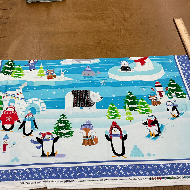 Snow Place Like Home PANEL(35x44) in Multi | Benartex | Quilting Fabric | 44" Wide | 100% Cotton | Penguins / Winter / Animals | Blue / Green / Red / Black / Purple