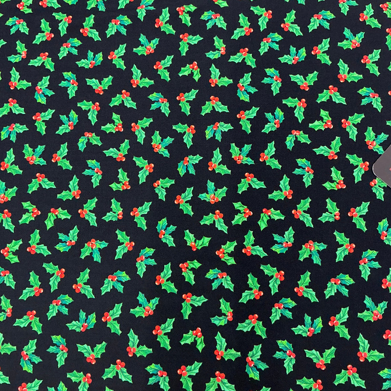 Sugar & Spice Little Holly Black | Benartex | Quilting Fabric | 44" Wide | 100% Cotton | Christmas Holly | Black / Green / Red