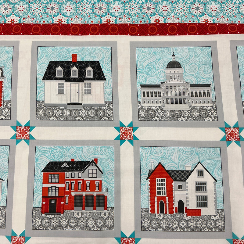 Winter Village Blocks PANEL(23x44) in Aqua | Benartex | Quilting Fabric | 44" Wide | 100% Cotton | Houses / Snowflakes | Blue / Red / Grey / White