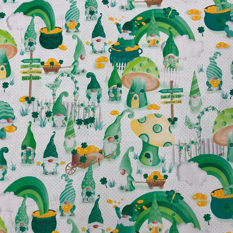 Luck of the Gnomes Lucky Gnome Scenic in White  Green | Benartex | Quilting Fabric | 44" Wide | 100% Cotton | Gnomes / Mushrooms / St. Patrick | Green / White / Yellow