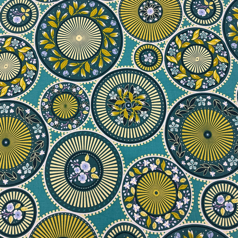 Frolic Orchard in Teal | Benartex | Quilting Fabric | 44" Wide | 100% Cotton | Medallions | Teal / Blue / Green / Purple