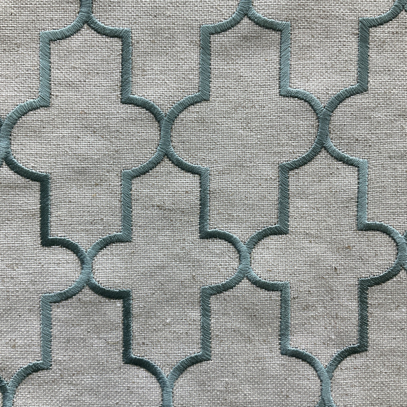 1 Yard Piece of Talia in Desert View | Embroidered Drapery Fabric | Teal Natural Quatrefoil | Medium Weight | 54" Wide | By The Yard