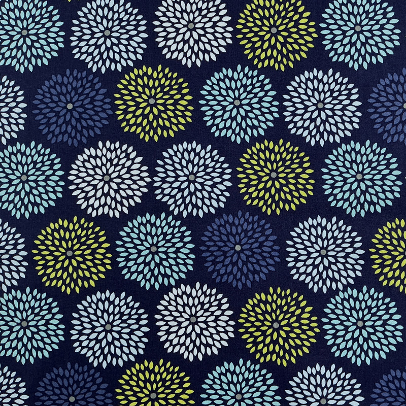 Floral Burst Quilting Cotton Fabric | Dark Blue / Green / Light Blue  | Emma & Mila | 44 Wide | 100% Cotton | By the Yard