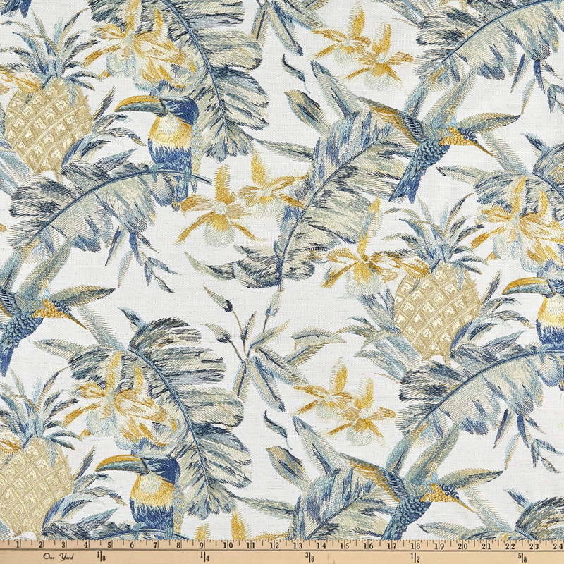 1.5 Yard Piece of Claridge Home Amazonia Embroidered Woven Spa Blue | Medium Weight Basketweave Fabric | Home Decor Fabric | 54" Wide