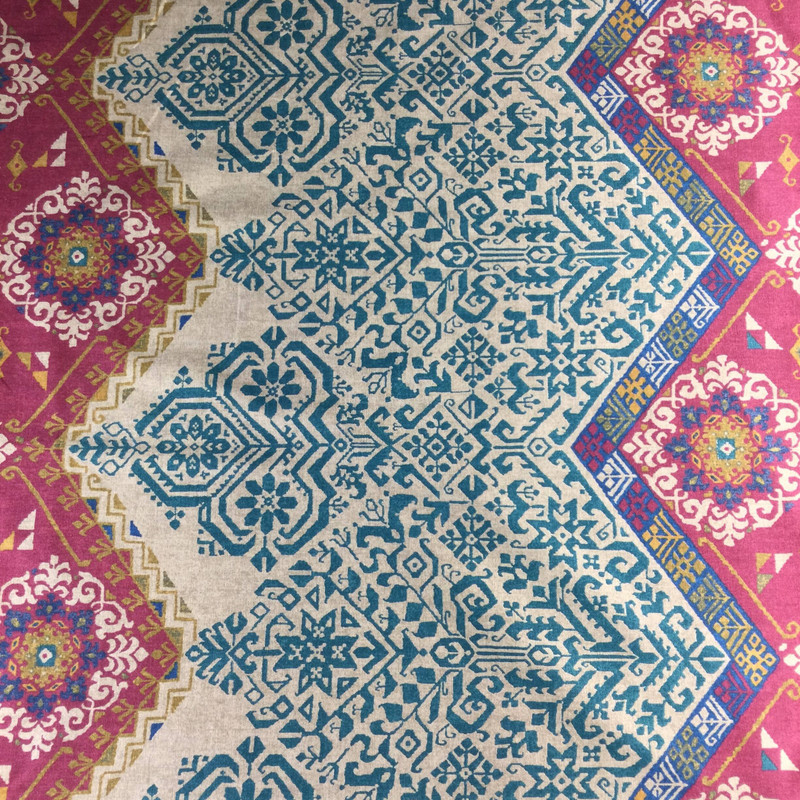 1 Yard Piece of Andra in Mardi Gras by P/Kaufmann | Red, Teal, Tan | Home Decor Fabric | Light Upholstery / Drapery | 54" Wide | By the Yard